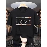 Fashion TrendsMen's Casual Calvin Letter Print T-shirt-Soft Pink Street Style Essential, Breathable Cotton Crew Neck Summer T...
