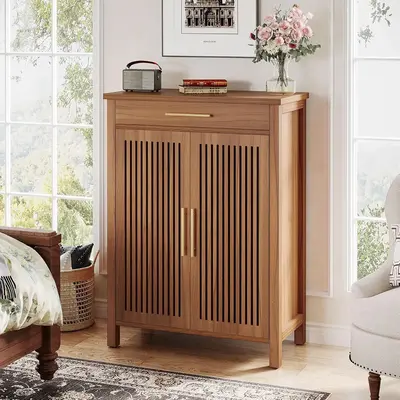 LITTLE TREE  Shoe Cabinet, 5-Tier Shoe Storage Cabinet with Louvered Doors and Drawer, Freestanding Wooden Shoe Rack Organize...