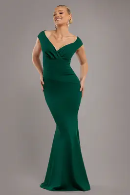 Goddiva Bardot Pleated Maxi Dress - EmeraldGreen