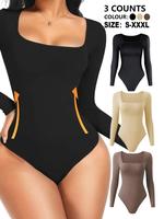 Women's Solid Long Sleeve Square Neck Shapewear Bodysuit, Minimalist Casual Comfy Butt Lift Shaper, Ladies Shapewear for Dail...