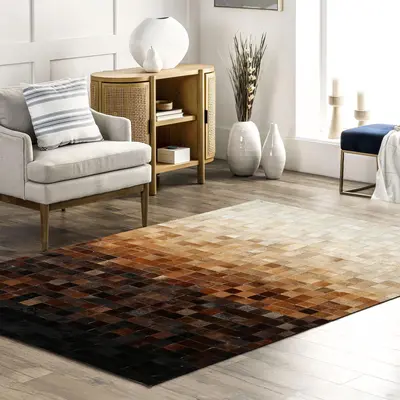 Ombre Beige to Dark Brown Cowhide Patchwork Rug