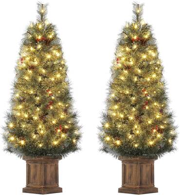 Garvee 4.5ft Christmas Tree Set of 2, Pre-lit Artificial Christmas Tree with 108 Warm LED Light, Potted Xmas Tree with Red Be...
