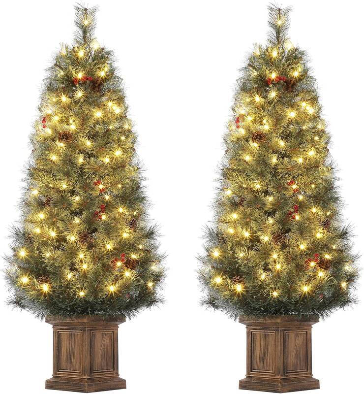Garvee 4.5ft Christmas Tree Set of 2, Pre-lit Artificial Christmas Tree with 108 Warm LED Light, Potted Xmas Tree with Red Be...