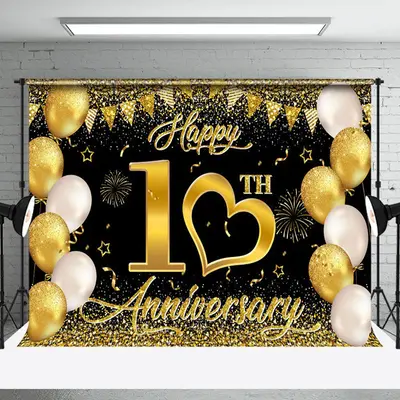 Aperturee Gold Sparkling Black Happy 10Th Anniversary Backdrop