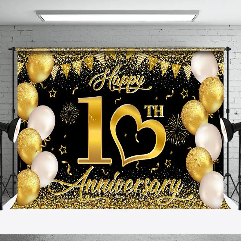 Aperturee Gold Sparkling Black Happy 10Th Anniversary Backdrop