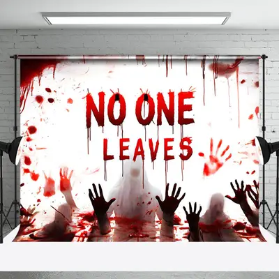 Horror Bloody Handprint No One Leaves Halloween Backdrop