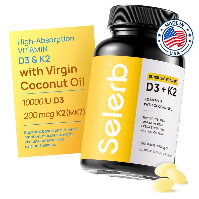 Selerb Vitamin D3 K2 – 10,000 IU D3 + 200 mcg MK-7 with Virgin Coconut Oil – Bone, Heart & Immune Support – 120 Softgel...