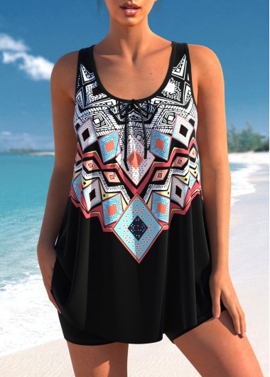 Modlily Tribal Print Black Bowknot Tankini Top - M