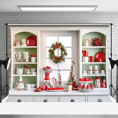 White Green Christmas Kitchen Photoshoot Backdrop - Aperturee