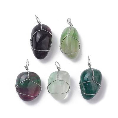 Natural Fluorite Copper Wire Wrapped Pendants
