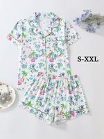 Women's All Over Print Short Sleeve Pajama Two-piece Set, Casual Comfy Button Up Shirt & Elastic Waist Shorts Pj Set, Ladies ...