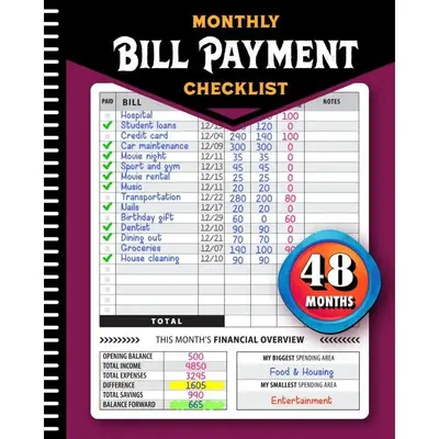 Monthly Bill Payment Checklist : Bill Tracker Notebook, a 4-year guide for home and money managers, includes 960 billing reco...