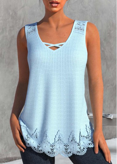 Modlily Light Blue Lace V Neck Tank Top - L
