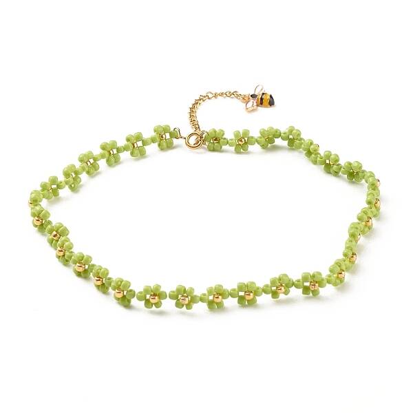 Glass Seed Beaded Flower Necklace with Alloy Enamel Bee Charm