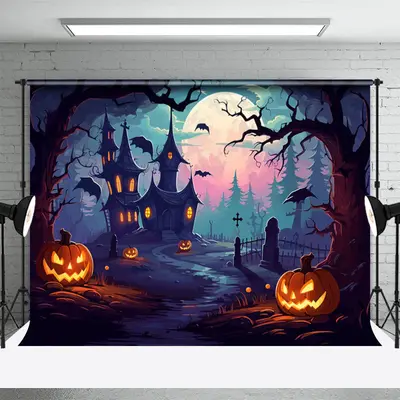 Haunted House Pumpkin Lantern Halloween Backdrop - Aperturee