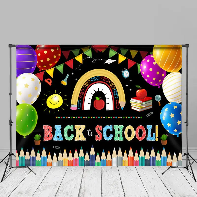 Crayon Stationery Rainbow Black Back To School Backdrop - Aperturee