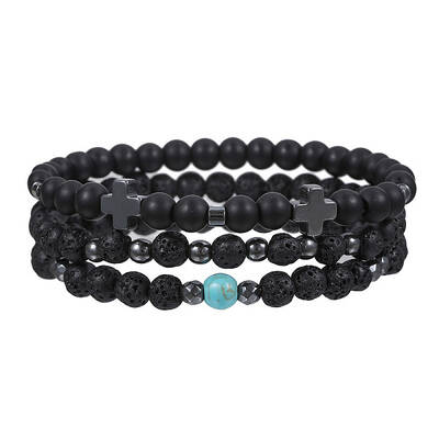 Volcano Stone Black Matte Black Gallstone Wood Beads Bracelet Set Combination Hip Hop Elastic Bracelet Bracelet Bracelet