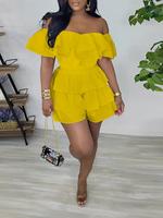 Women's Plain Ruffle Trim Tiered Layer Off Shoulder Romper, Casual Butterfly Sleeve Wide Leg Romper for Daily Wear, Ladies Cl...