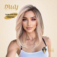 Siena C-DWY 13×6 Free Part Lace Shoulder Length Light Pink Blonde with Dark Roots Glueless Synthetic Wig for Women 16 Inches