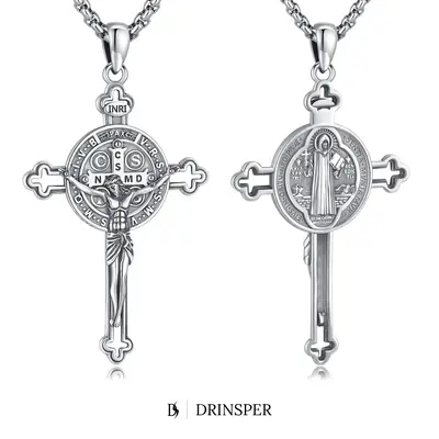 DRINSPER Saint Benedict Cross Necklace 925 Sterling Silver San Benito Pendant Necklace, Pardon Crucifix Necklace, Religious J...