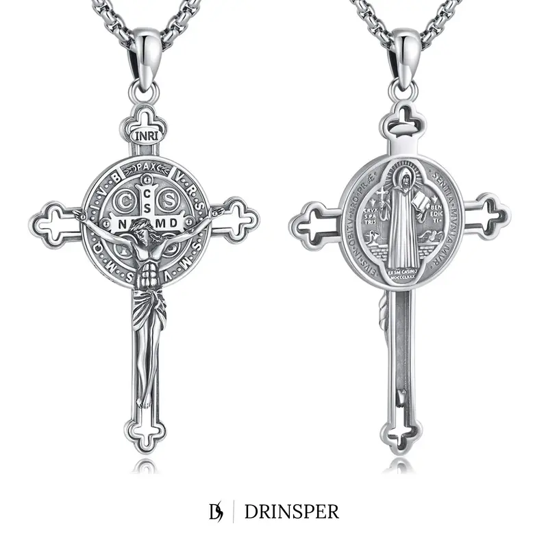DRINSPER Saint Benedict Cross Necklace 925 Sterling Silver San Benito Pendant Necklace, Pardon Crucifix Necklace, Religious J...