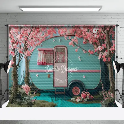 Pink Flower Trees Blue RV Spring Photo Backdrop - Aperturee