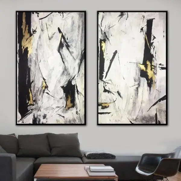 Oil Paint Canvas Set Abstract Art Set Of 2 Black White Abstract Painting Office Decor Minimal Art Texture Painting | POTENTIA...