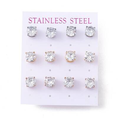6 Pairs Cubic Zirconia Flat Round Stud Earrings
