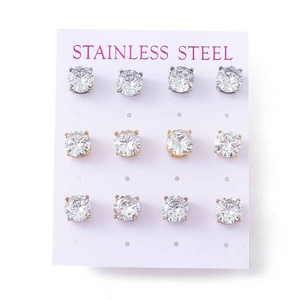 6 Pairs Cubic Zirconia Flat Round Stud Earrings