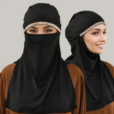 Muslim Niqab Women Shiny Rhinestone Chain Instant Hijab Full Cover Face Islam Ramadan Turban Khimar Soft Cotton Hemp Face Vei...
