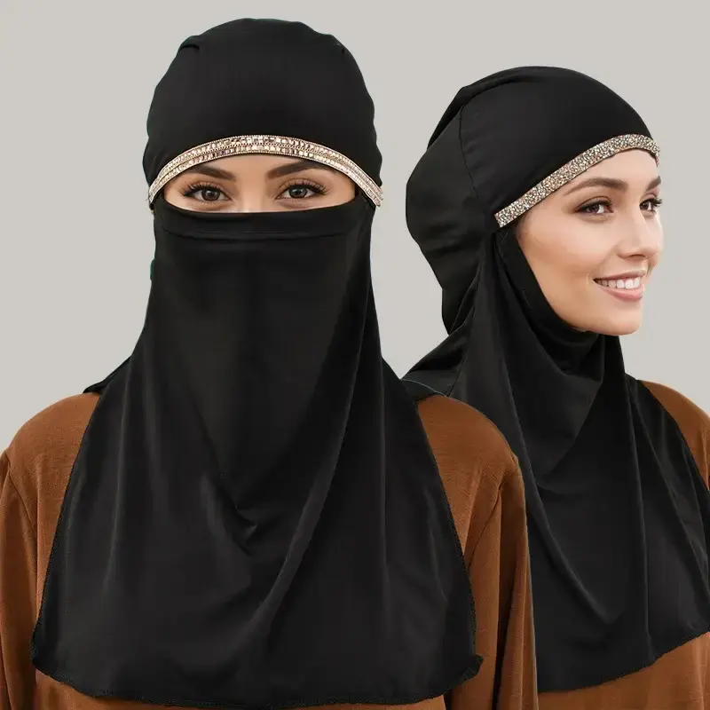 Muslim Niqab Women Shiny Rhinestone Chain Instant Hijab Full Cover Face Islam Ramadan Turban Khimar Soft Cotton Hemp Face Vei...