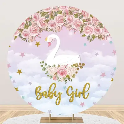Pink Floral Cloud Swan Round Baby Shower Backdrop - Aperturee