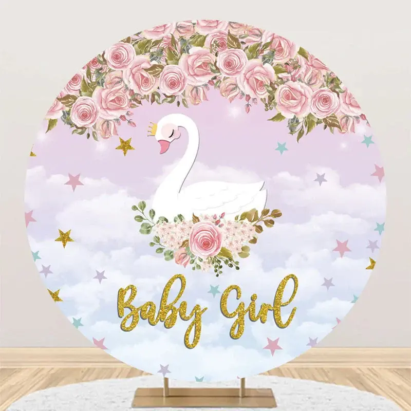 Pink Floral Cloud Swan Round Baby Shower Backdrop - Aperturee