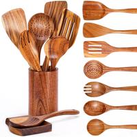 Wooden Cooking Utensils Set, 9 Counts/set Including Spoon Holder & Spatula & Spoon & Fork & Spoon Rest, Kitchen Gadgets Cooki...