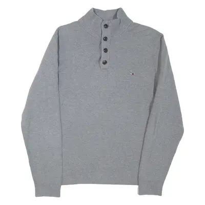TOMMY HILFIGER Mens Jumper Grey Button Neck Tight Knit L