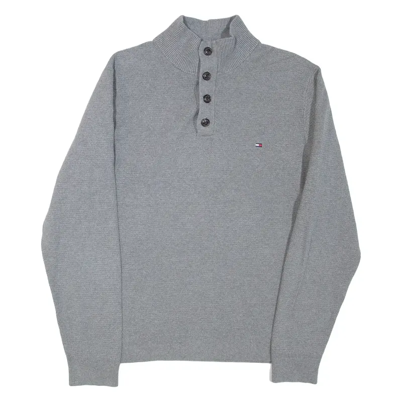 TOMMY HILFIGER Mens Jumper Grey Button Neck Tight Knit L