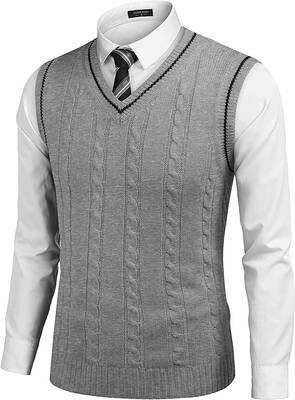 V Neck Sleeveless Knitted Pullover Vest Sweater (US Only), Light Grey / M