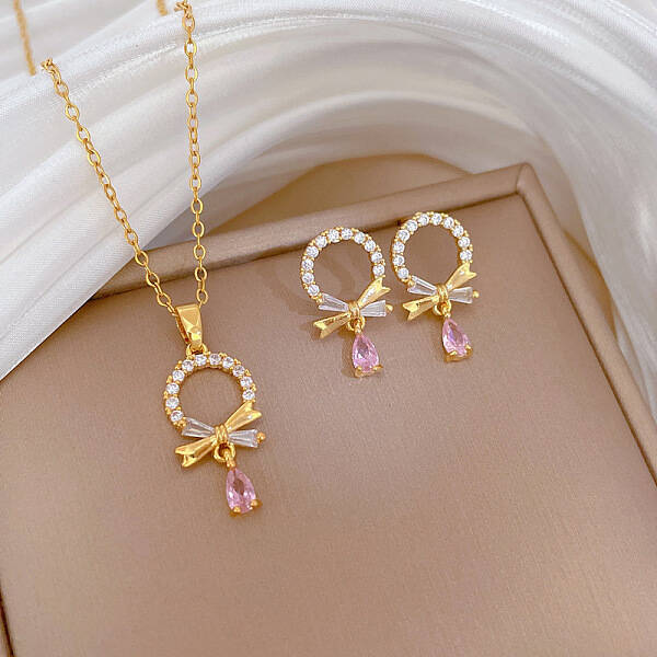 Brass Micro Pave Cubic Zirconia Pendant Necklace & Stud Earrings