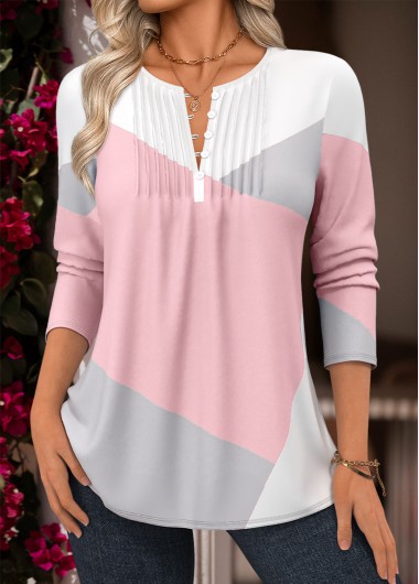 Modlily Light Pink Tuck Stitch Geometric Print Long Sleeve Blouse - M
