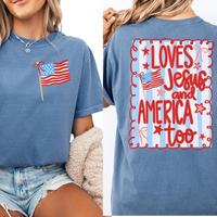 Loves Jesus and America Too 100% Cotton Comfort Colors Unisex T-shirt, 4th of July Patriotic Coquette Bow Graphic Tee, Americ...