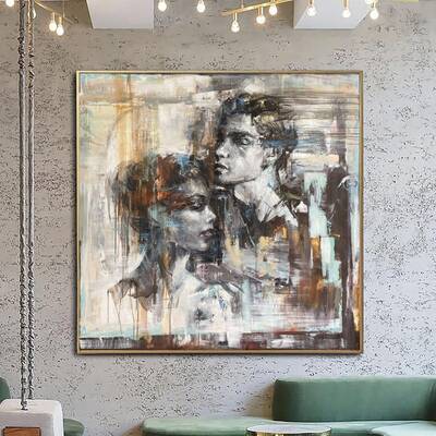 Large Original Romantic Paintings On Canvas Beige Figurative Art Loving Couple Painting Modern Love Fine Art | LOVE STORY