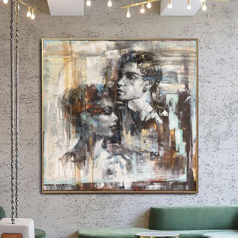 Large Original Romantic Paintings On Canvas Beige Figurative Art Loving Couple Painting Modern Love Fine Art | LOVE STORY