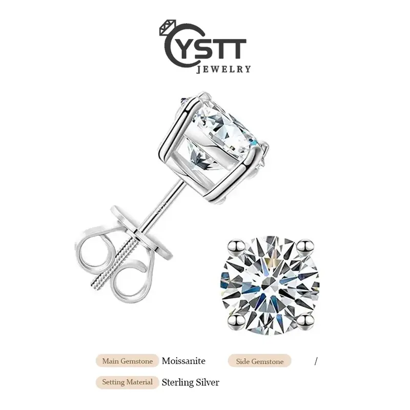 YSTT【E#2】 Moissanite Stud Earrings,Silver Friction Back and Post for Women Men, D Color VVS1 Round Lab Created moissanite...
