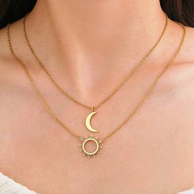 304 Stainless Steel Double Layered Sun Moon Pendant Necklaces