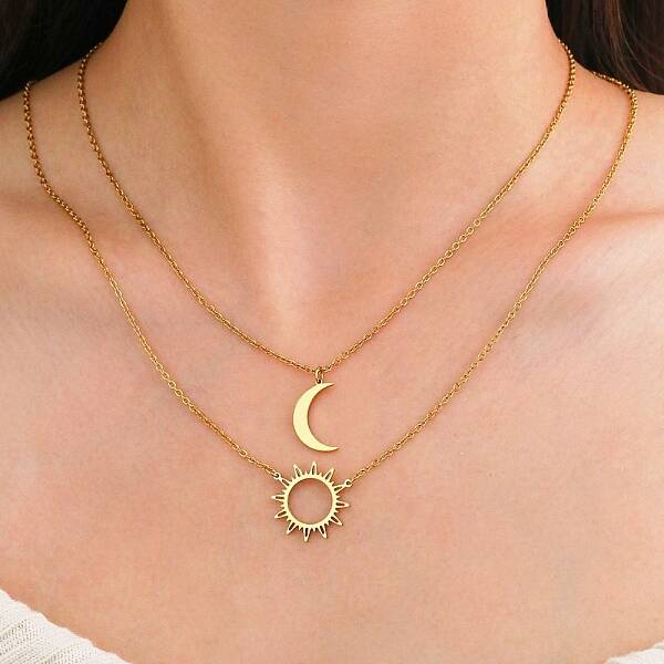 304 Stainless Steel Double Layered Sun Moon Pendant Necklaces