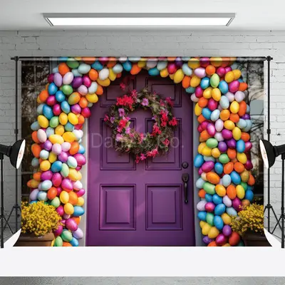 Colorful Eggs Arch Purple Door Easter Backdrops - Aperturee