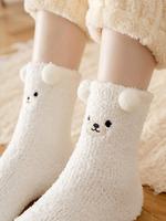 Women's Cartoon Print Fitted Crew Socks, Cartoon Cute Bear Print Soft & Warm Fuzzy Fleece Ankle Boots Socks, Cold Weather Gea...