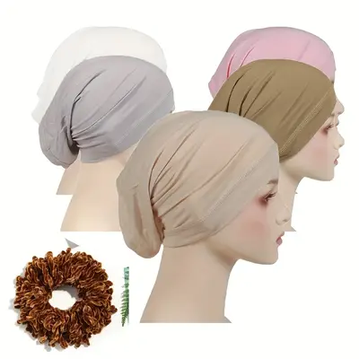 A Set of 6 Women'S Wide-Brimmed Muslim Headscarf Hats Made of Polyester Fiber Knit, Featuring One Large Circle, Elastic, Mois...