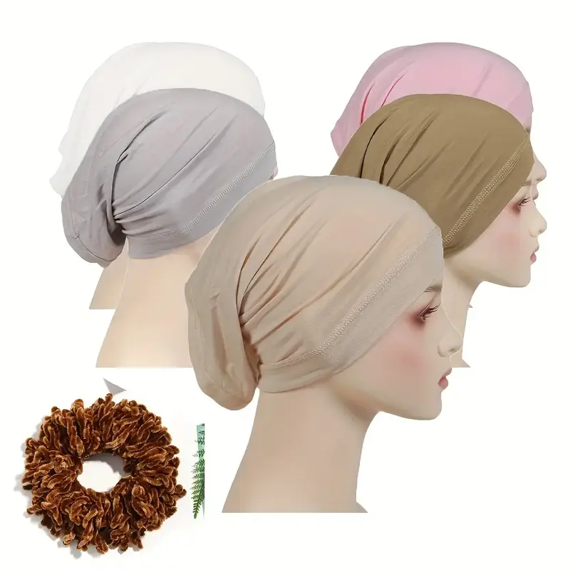 A Set of 6 Women'S Wide-Brimmed Muslim Headscarf Hats Made of Polyester Fiber Knit, Featuring One Large Circle, Elastic, Mois...
