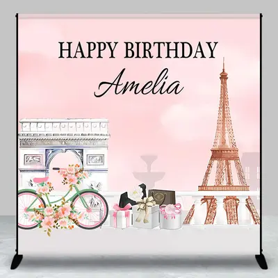 French Eiffel Tower Pink Custom Birthday Backdrop - Aperturee